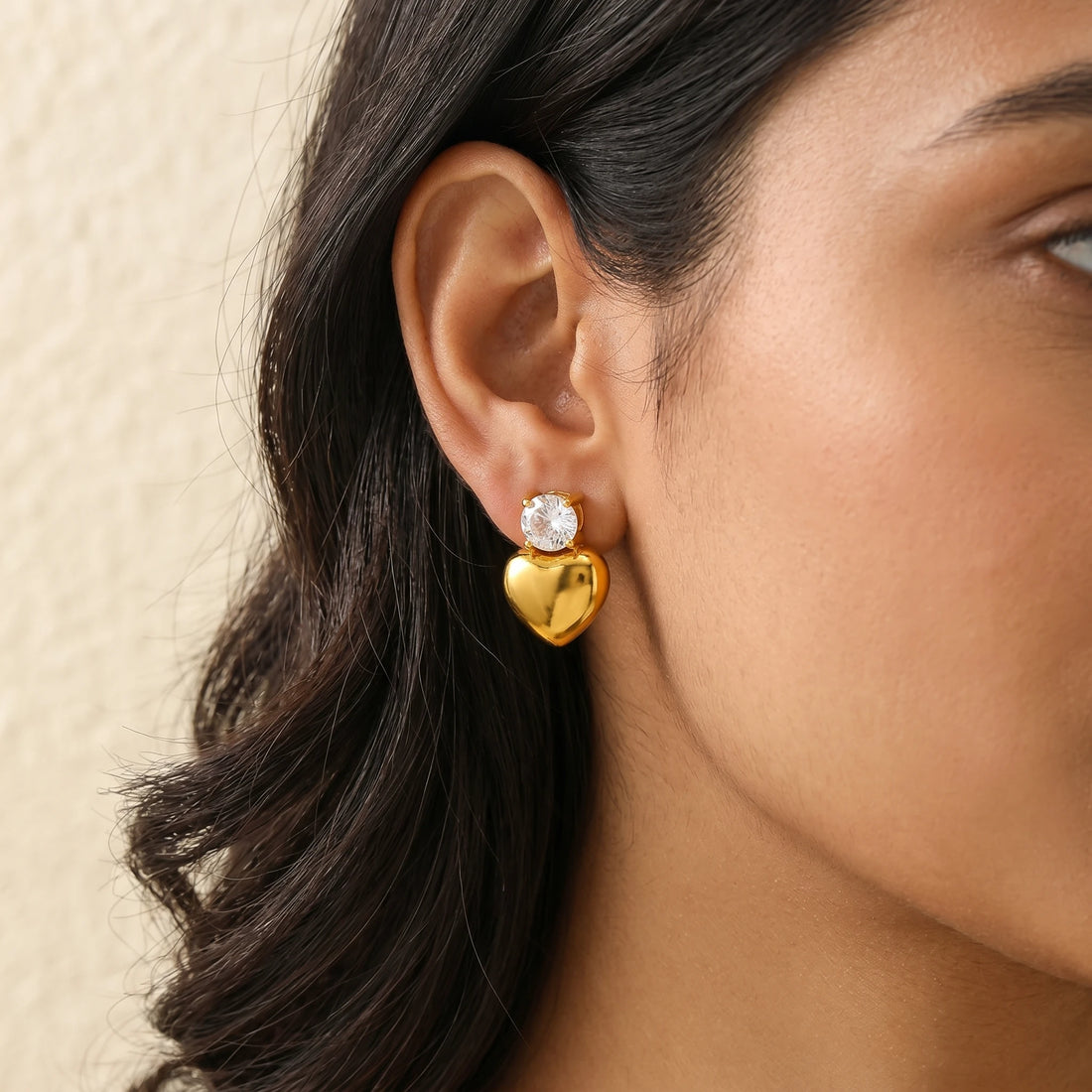 Crystal Heart Drop Gold Stud Earrings – 18K PVD Gold Plated