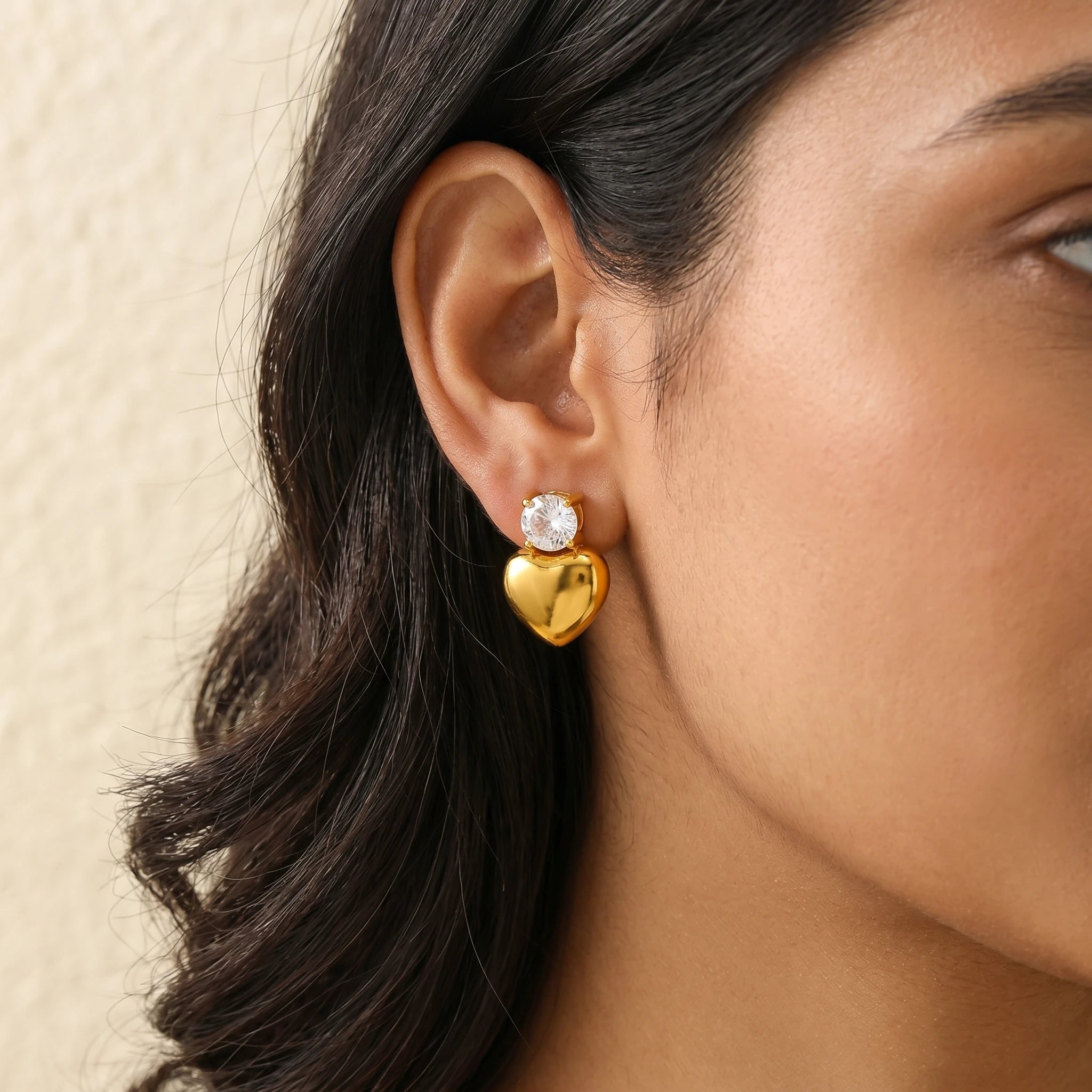 Crystal Heart Drop Gold Stud Earrings – 18K PVD Gold Plated