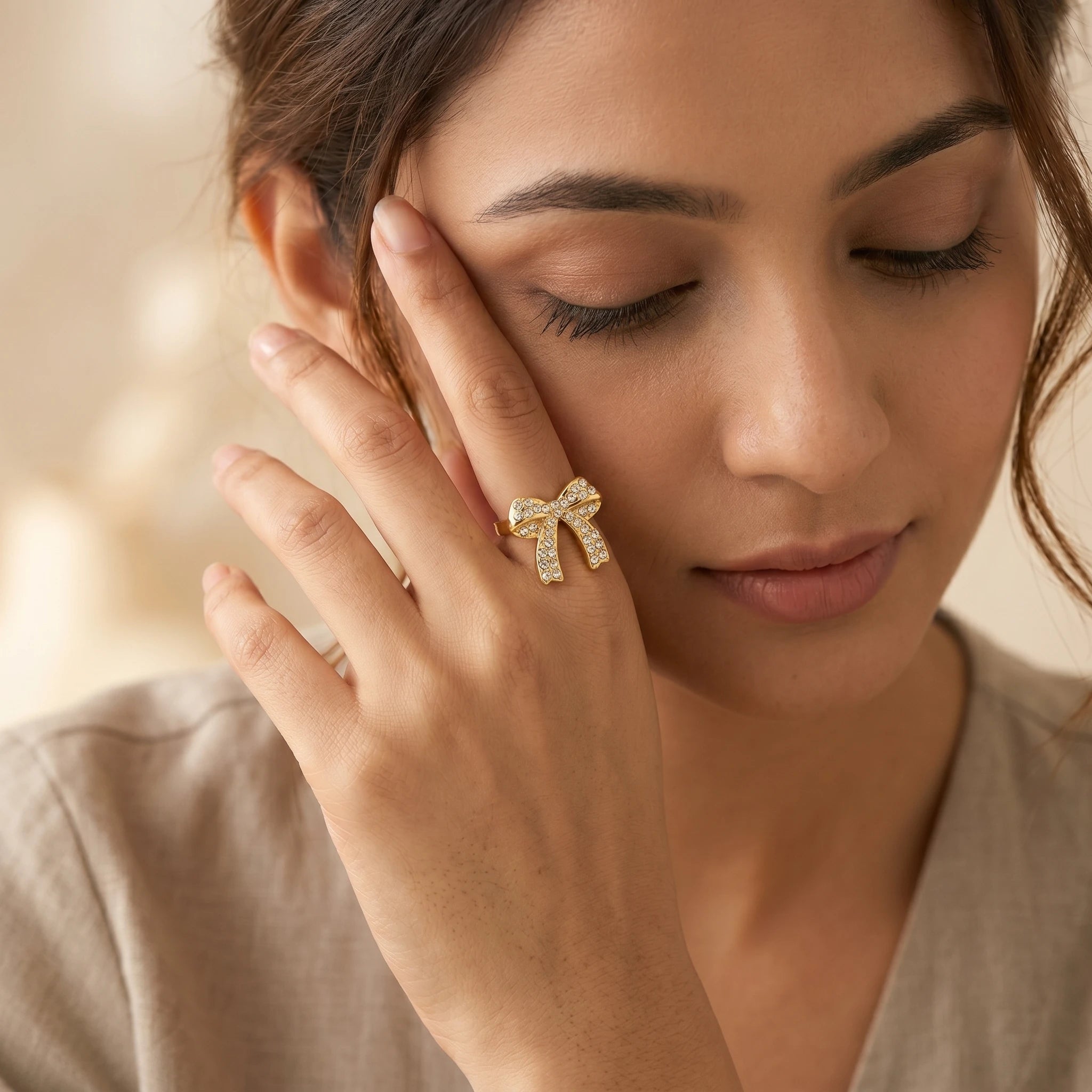 Crystal Pave Bow Open Adjustable Ring – 18K PVD Gold Plated