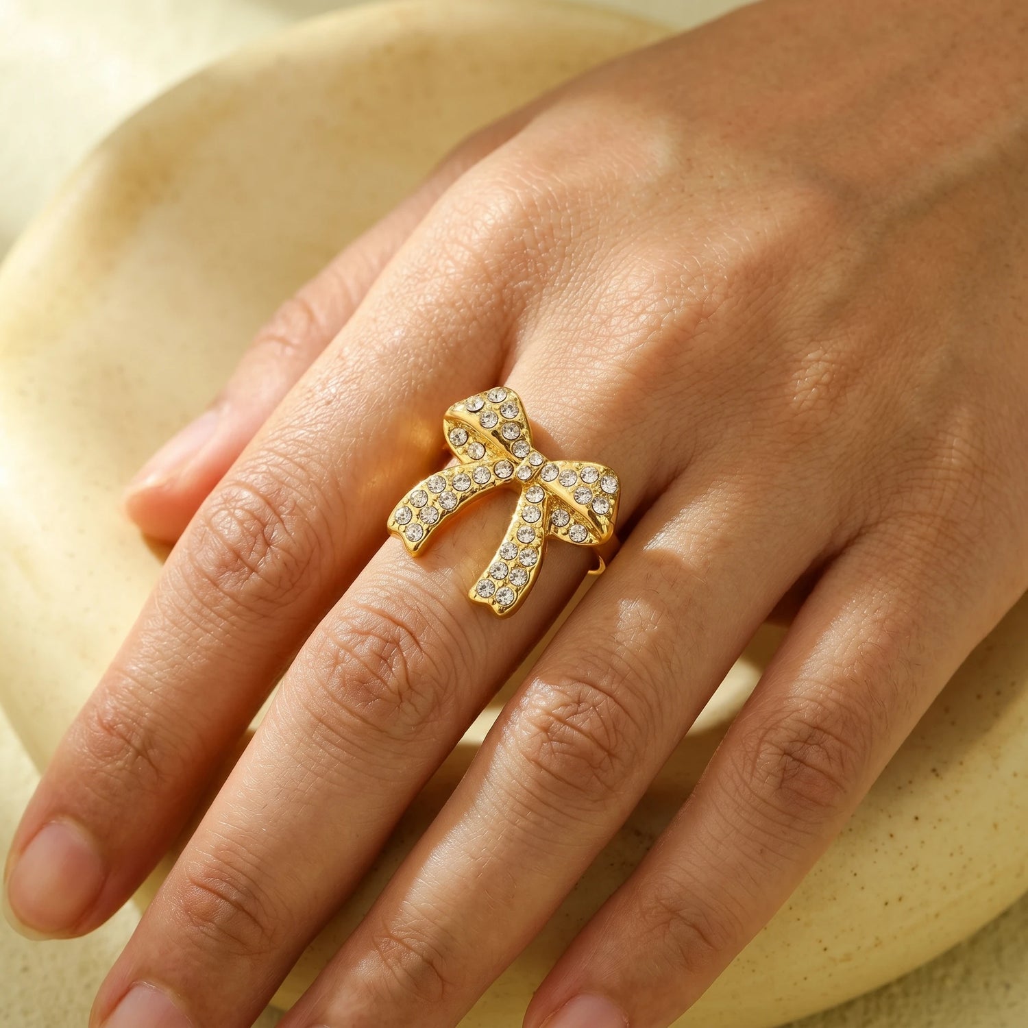Crystal Pave Bow Open Adjustable Ring – 18K PVD Gold Plated