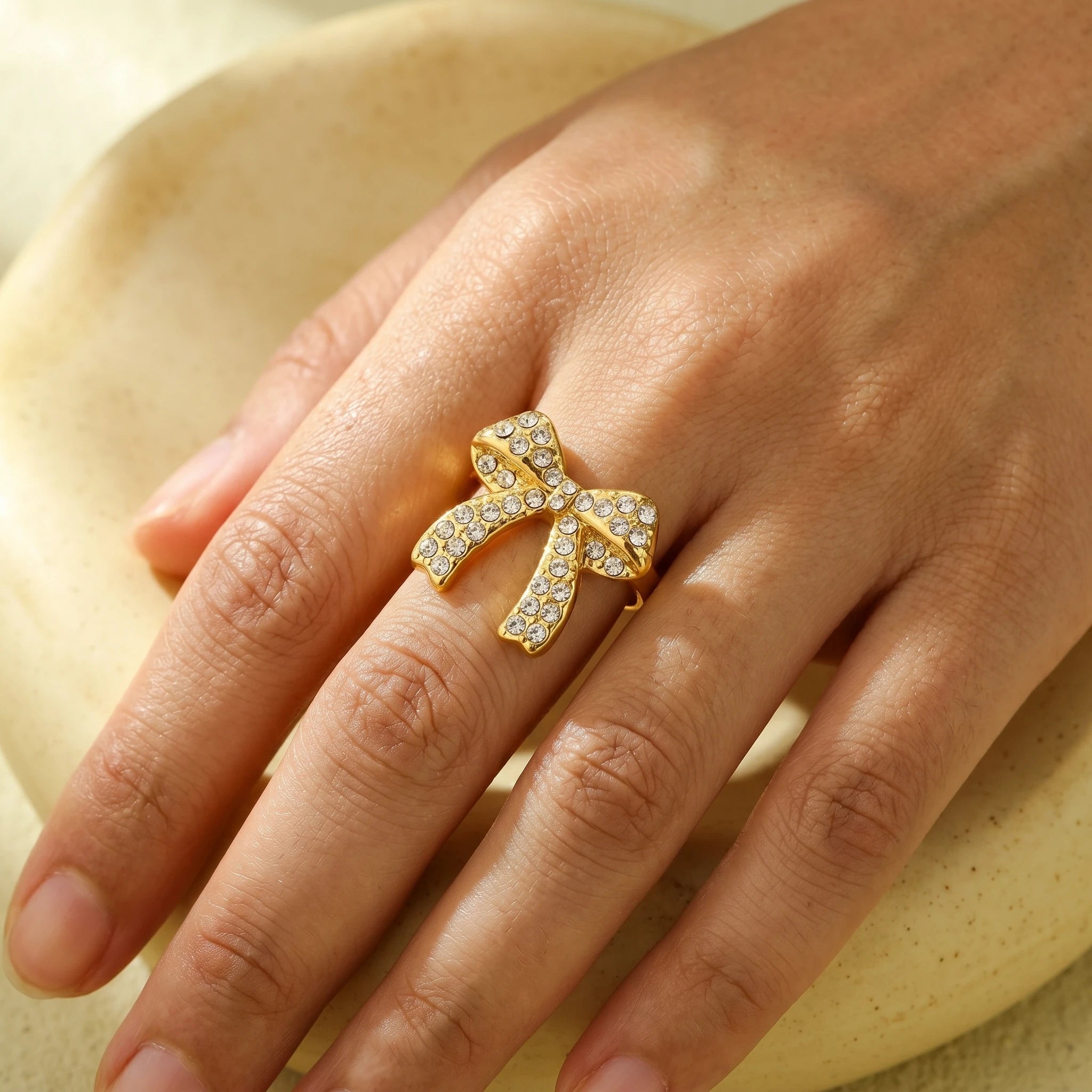 Crystal Pave Bow Open Adjustable Ring – 18K PVD Gold Plated