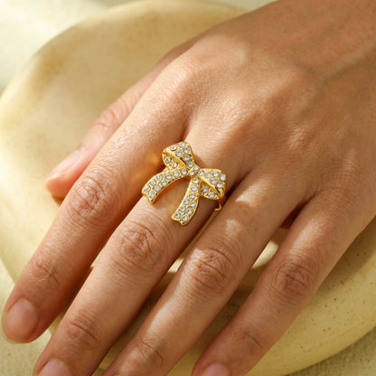 Crystal Pave Bow Open Adjustable Ring – 18K PVD Gold Plated