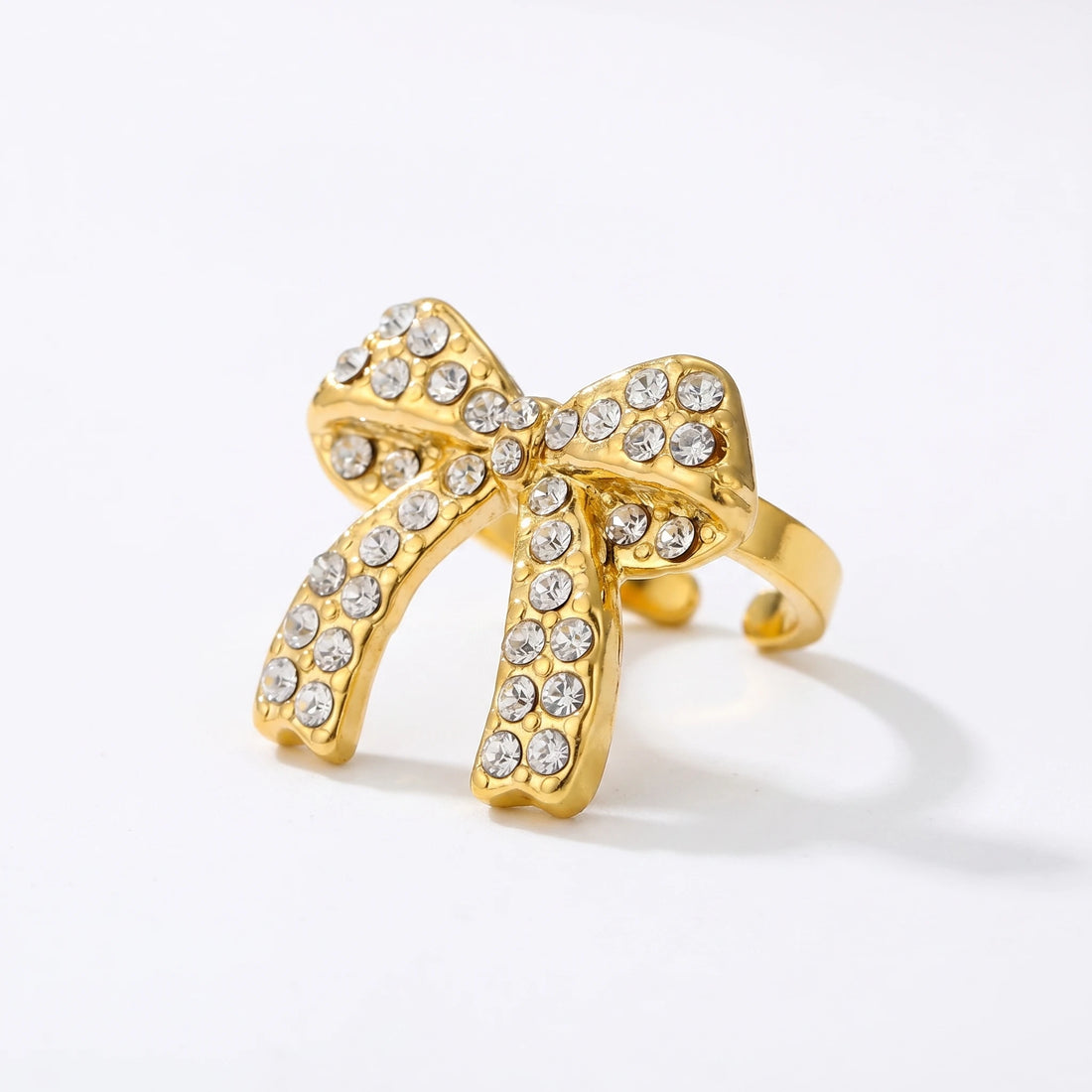 Crystal Pave Bow Open Adjustable Ring – 18K PVD Gold Plated