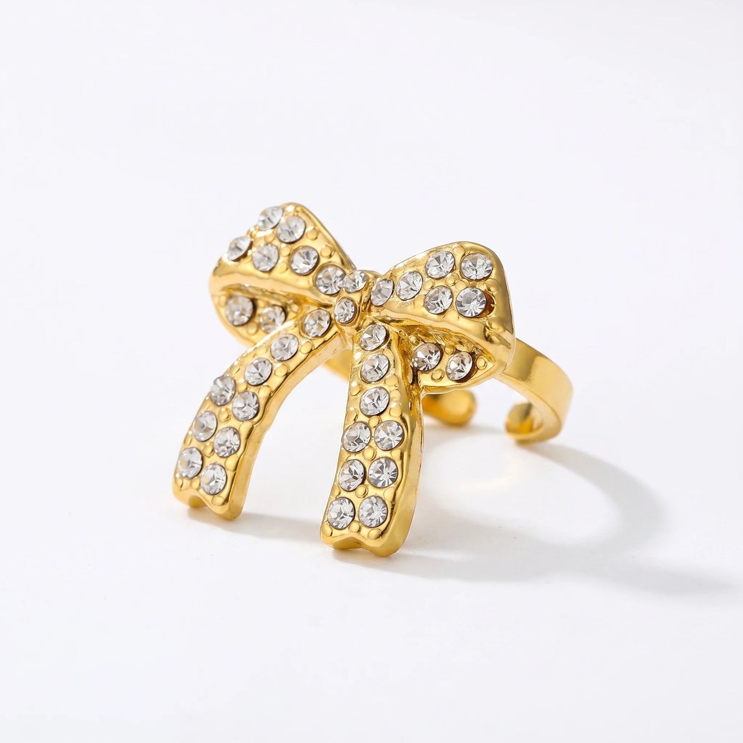 Crystal Pave Bow Open Adjustable Ring – 18K PVD Gold Plated