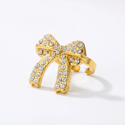 Crystal Pave Bow Open Adjustable Ring – 18K PVD Gold Plated