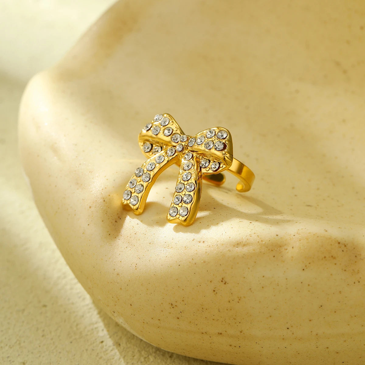 Crystal Pave Bow Open Adjustable Ring – 18K PVD Gold Plated