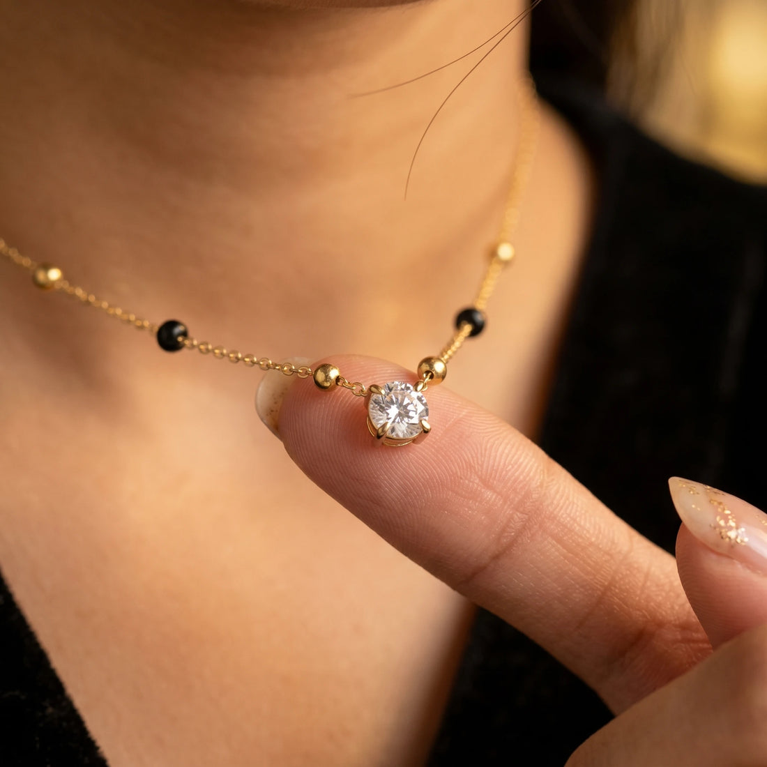 Solitaire Beaded Chain Necklace – 18K PVD Gold Plated