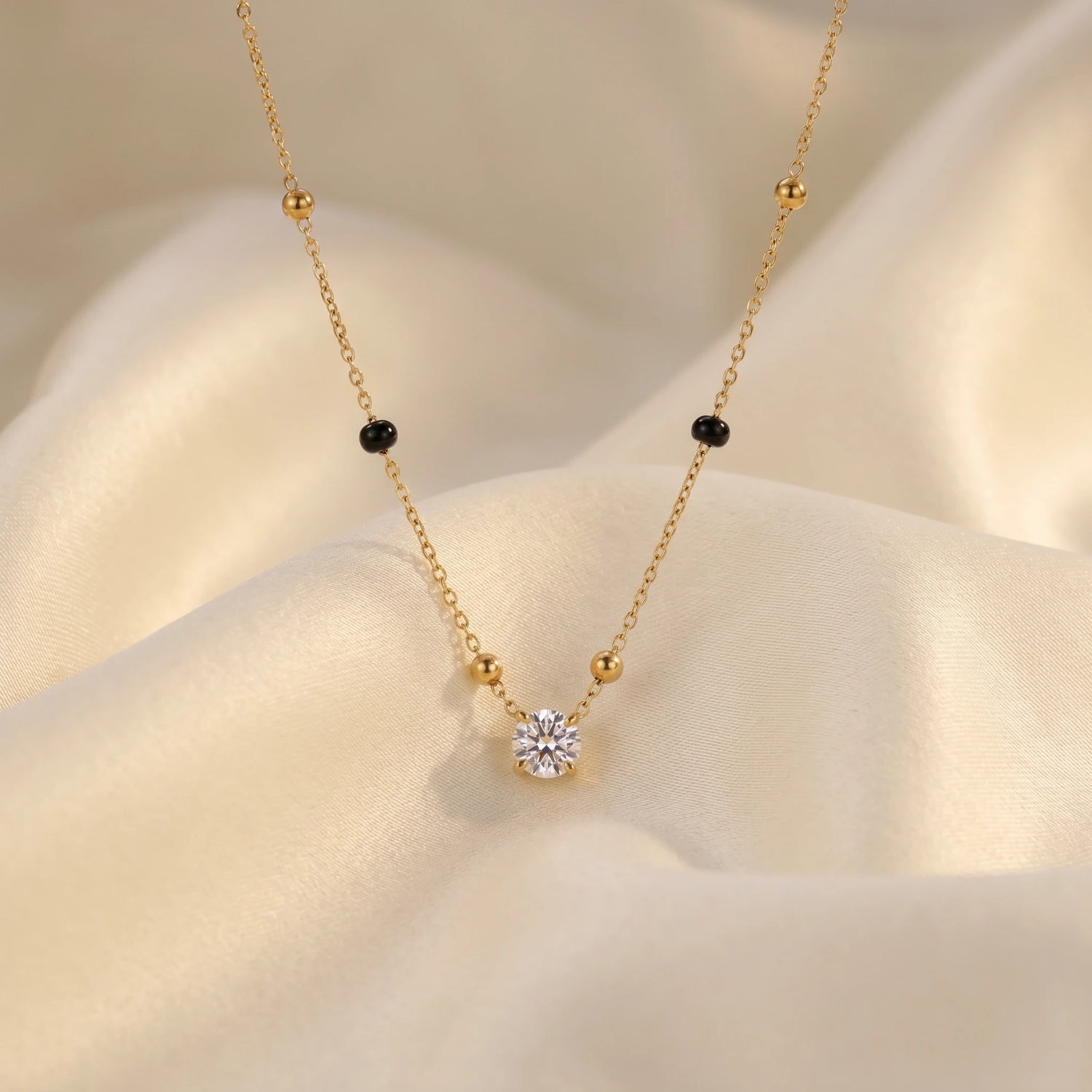 Solitaire Beaded Chain Necklace – 18K PVD Gold Plated