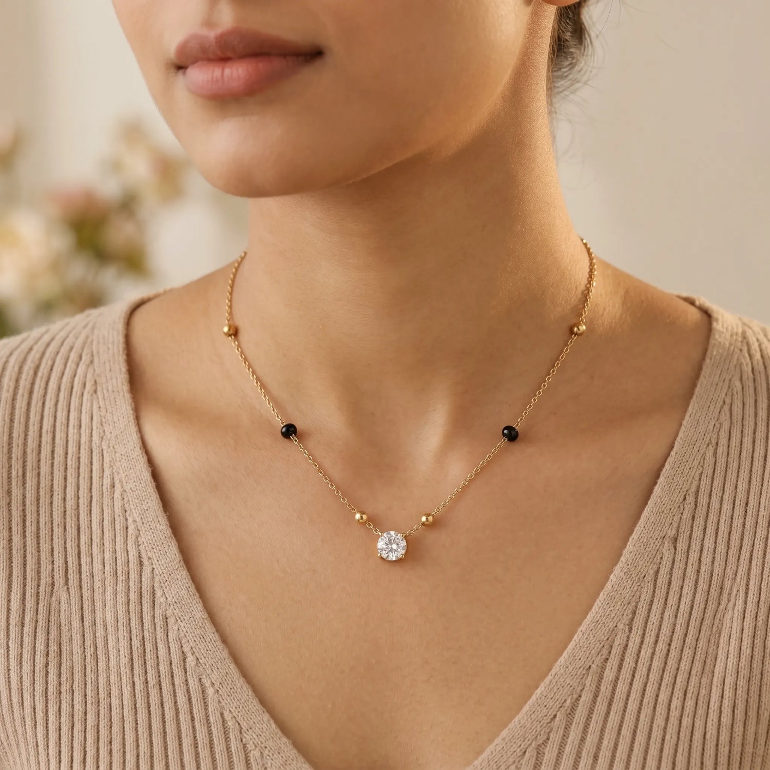 Solitaire Beaded Chain Necklace – 18K PVD Gold Plated
