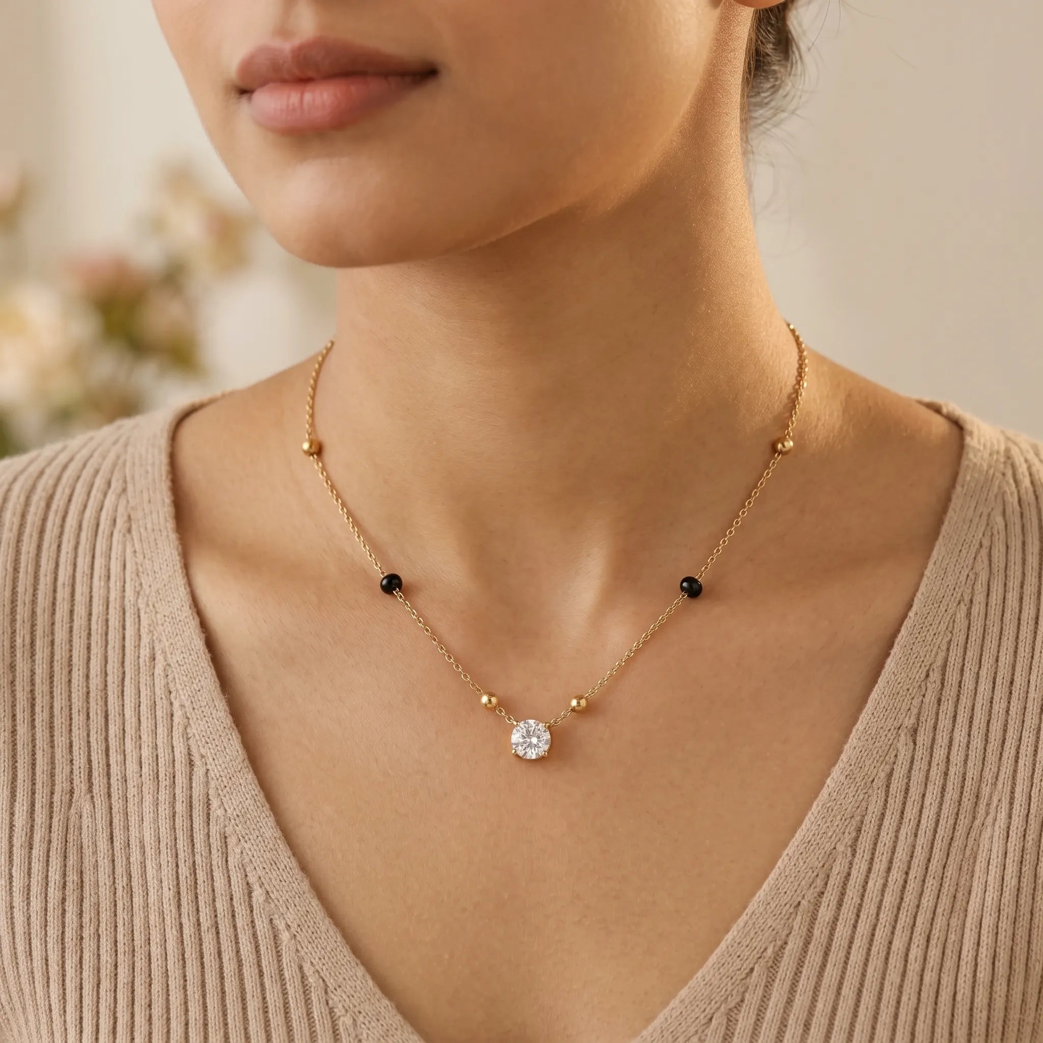 Solitaire Beaded Chain Necklace – 18K PVD Gold Plated
