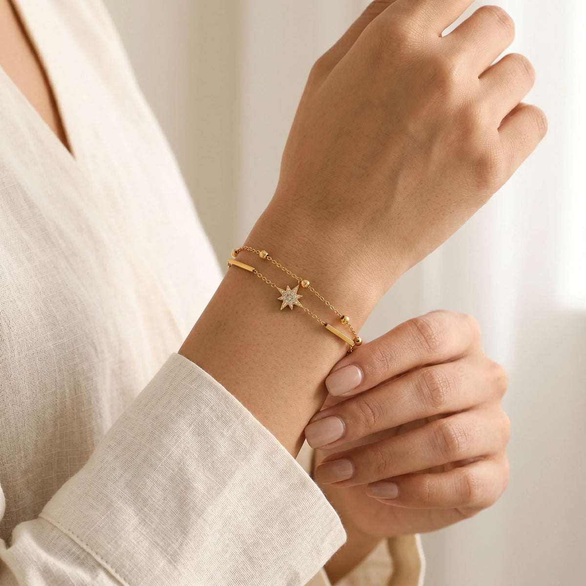 Double Layer Star Charm Chain Bracelet – 18K PVD Gold Plated
