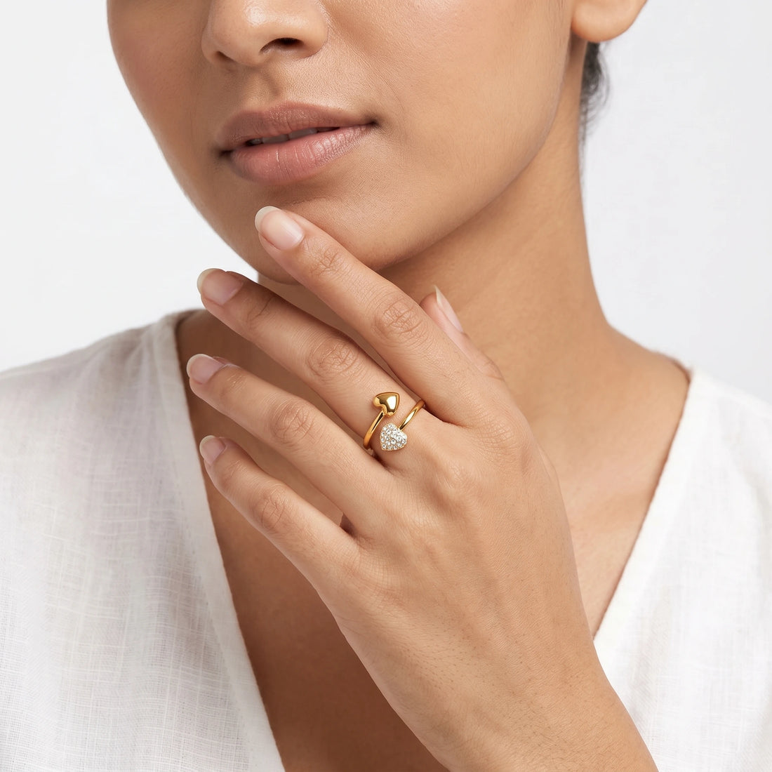 Dual Heart Pave Crystal Bypass Ring – 18K PVD Gold Plated