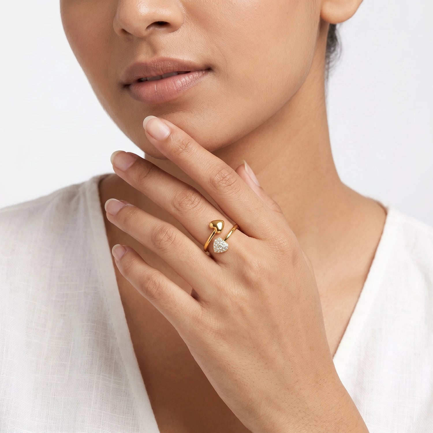 Dual Heart Pave Crystal Bypass Ring – 18K PVD Gold Plated