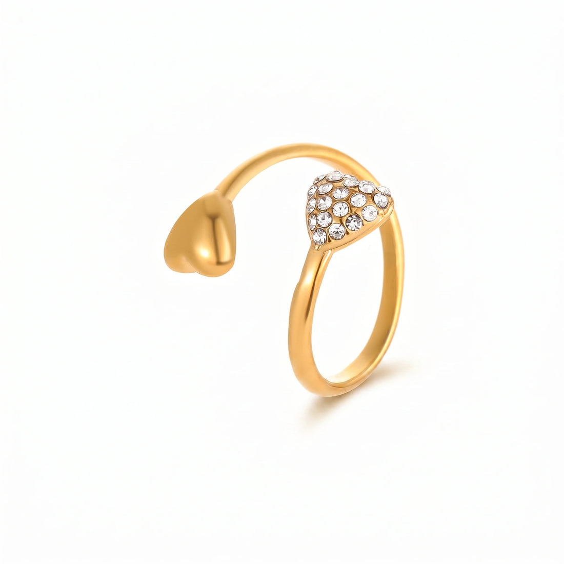 Dual Heart Pave Crystal Bypass Ring – 18K PVD Gold Plated