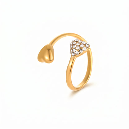 Dual Heart Pave Crystal Bypass Ring – 18K PVD Gold Plated