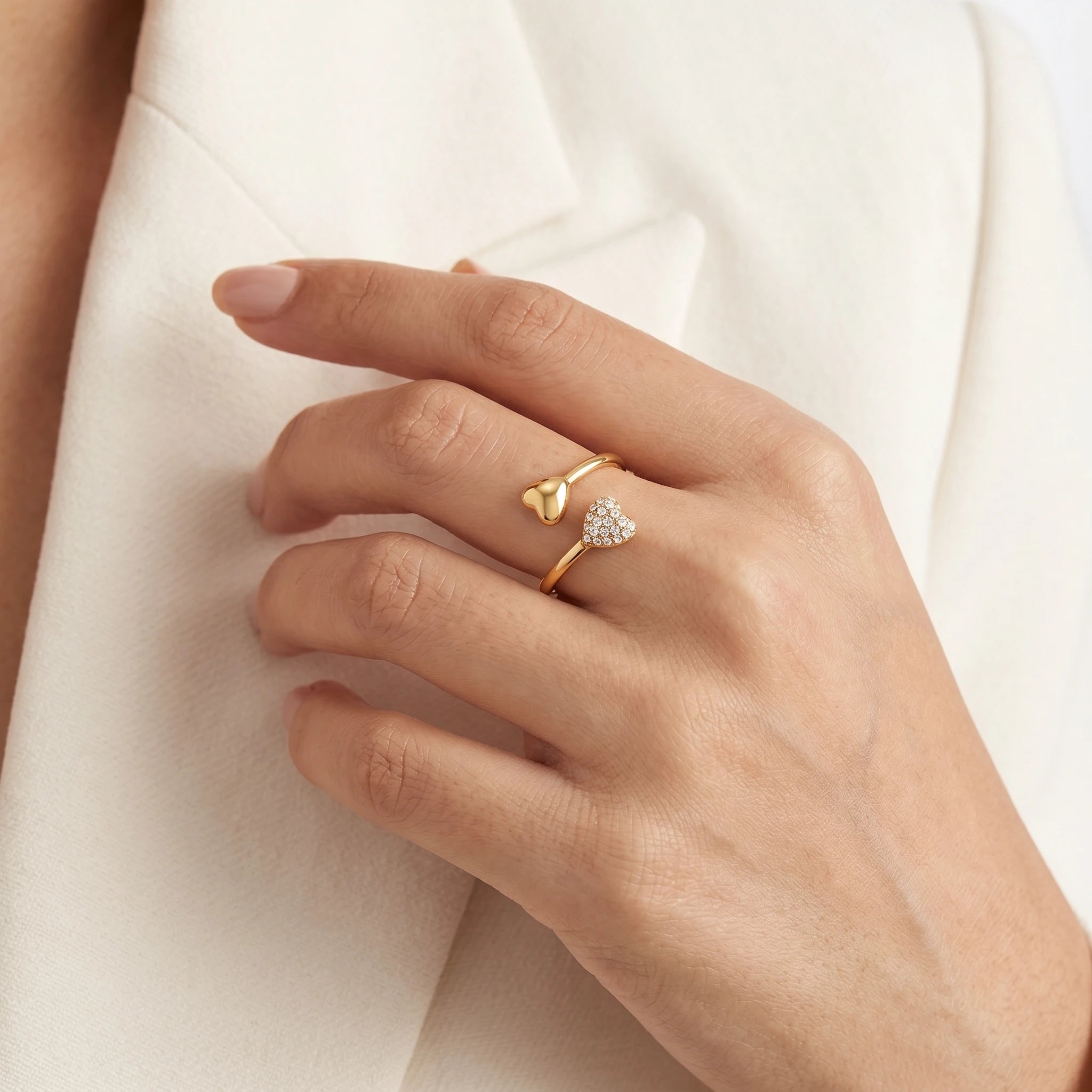 Dual Heart Pave Crystal Bypass Ring – 18K PVD Gold Plated
