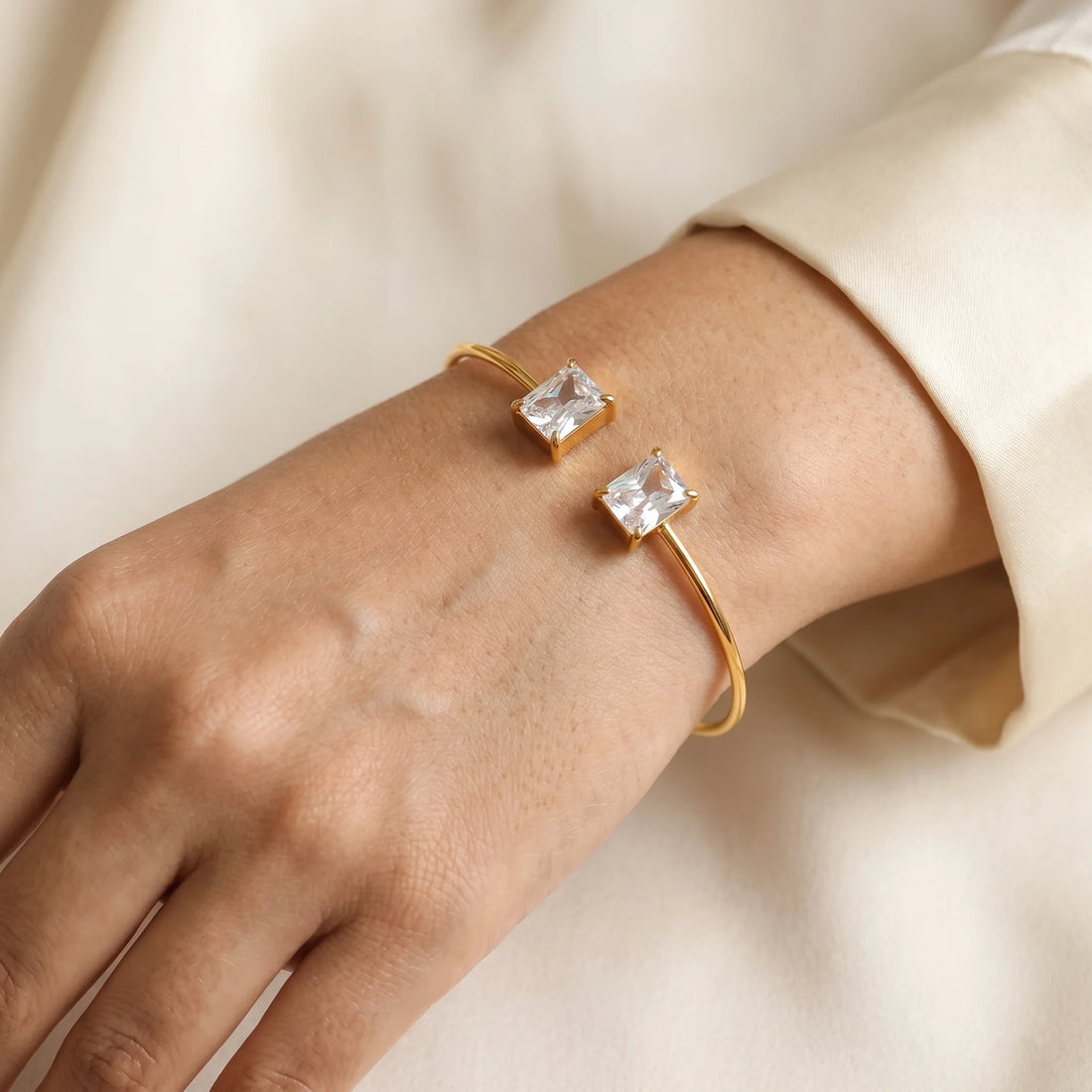 Dual Square Crystal Open Cuff Bangle – 18K PVD Gold Plated