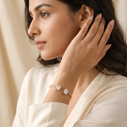Dual Square Crystal Open Cuff Bangle – 18K PVD Gold Plated