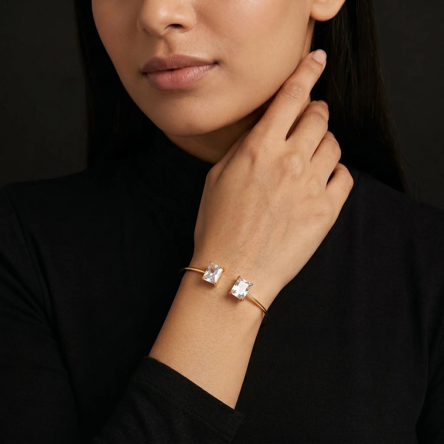 Dual Square Crystal Open Cuff Bangle – 18K PVD Gold Plated