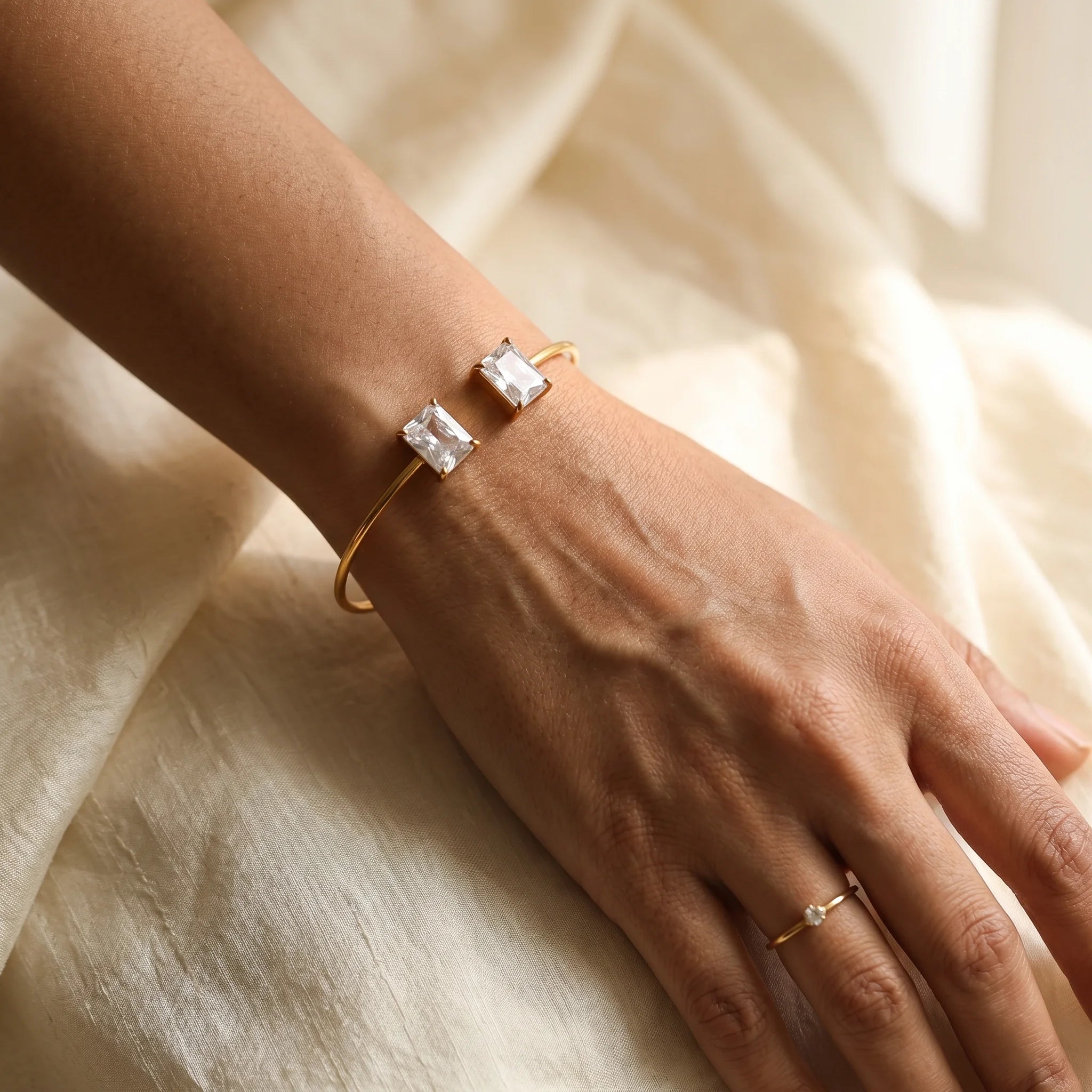 Dual Square Crystal Open Cuff Bangle – 18K PVD Gold Plated