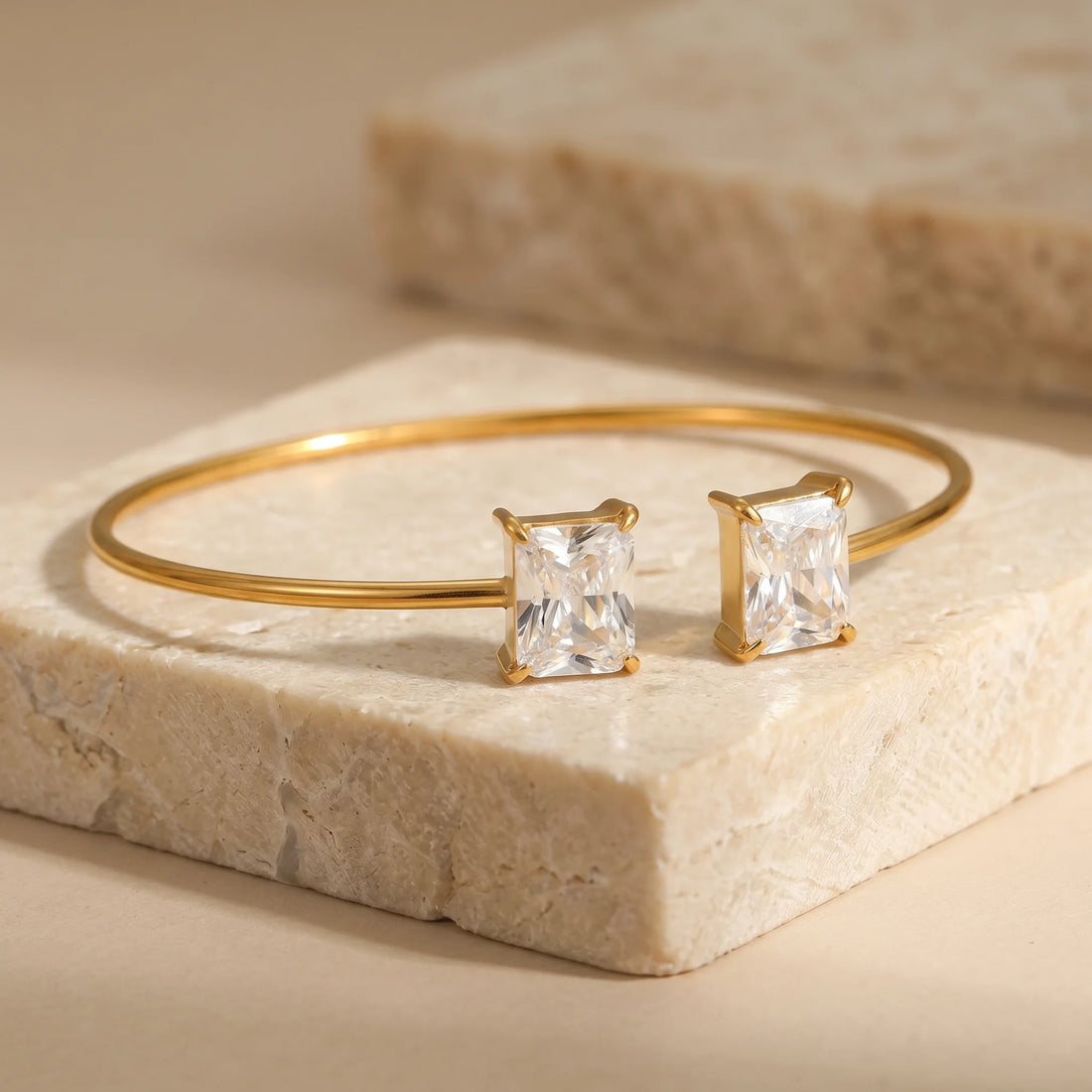 Dual Square Crystal Open Cuff Bangle – 18K PVD Gold Plated