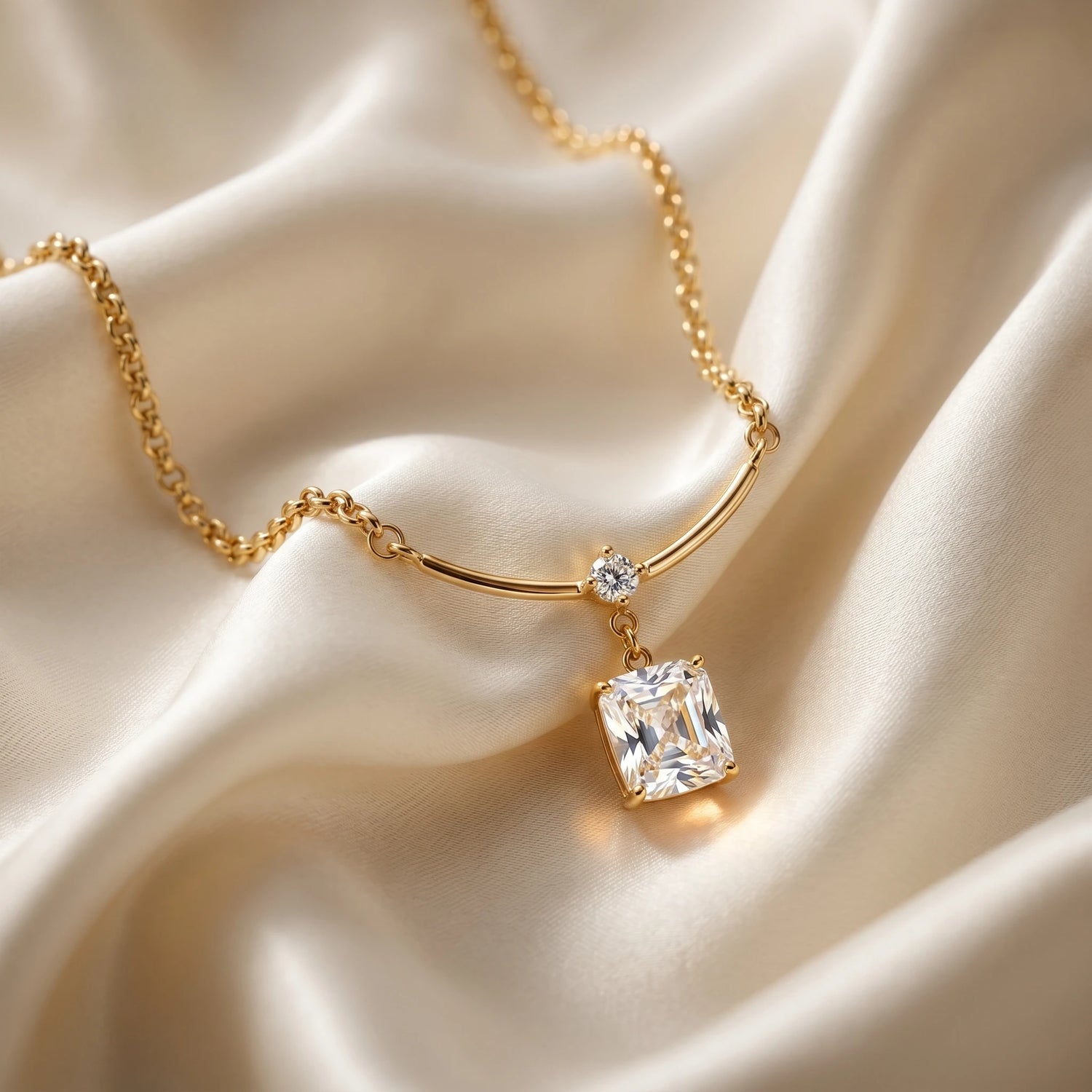 Emerald Cut Crystal Bar Pendant Necklace – 18K PVD Gold Plated