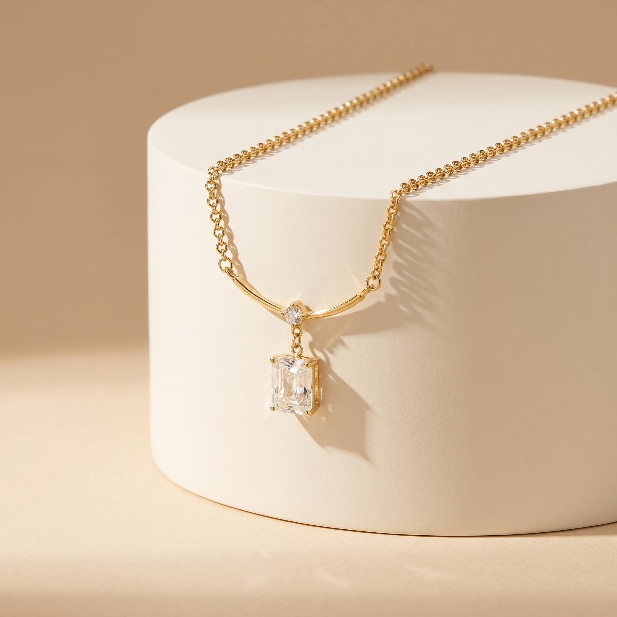 Emerald Cut Crystal Bar Pendant Necklace – 18K PVD Gold Plated