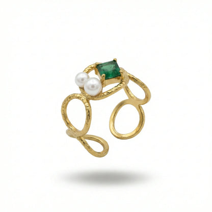 Emerald &amp; Pearl Open Ring – 18K Gold Plated