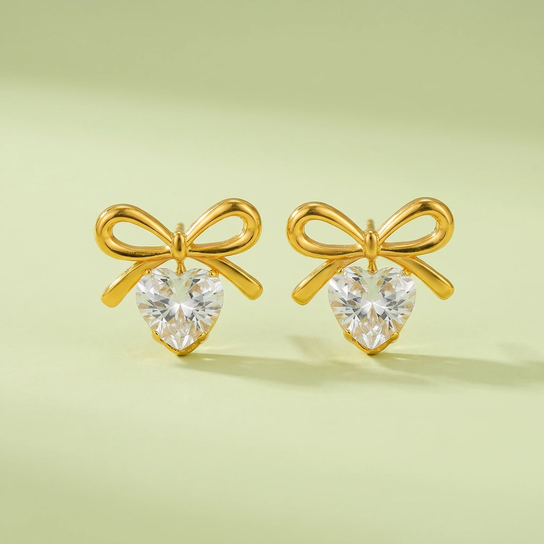 Gold Bow Heart Crystal Stud Earrings – 18K PVD Gold Plated