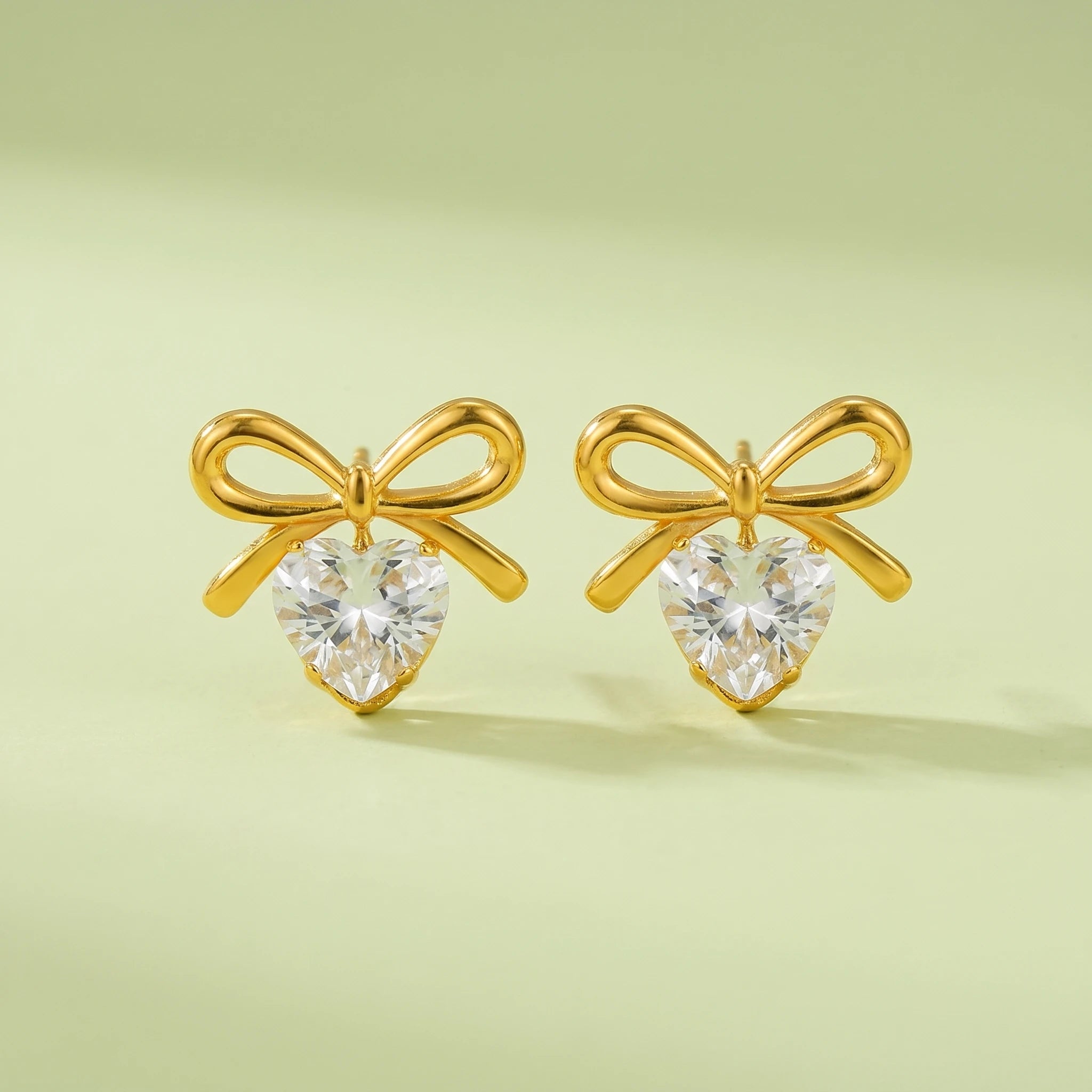 Gold Bow Heart Crystal Stud Earrings – 18K PVD Gold Plated