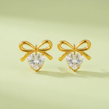 Gold Bow Heart Crystal Stud Earrings – 18K PVD Gold Plated