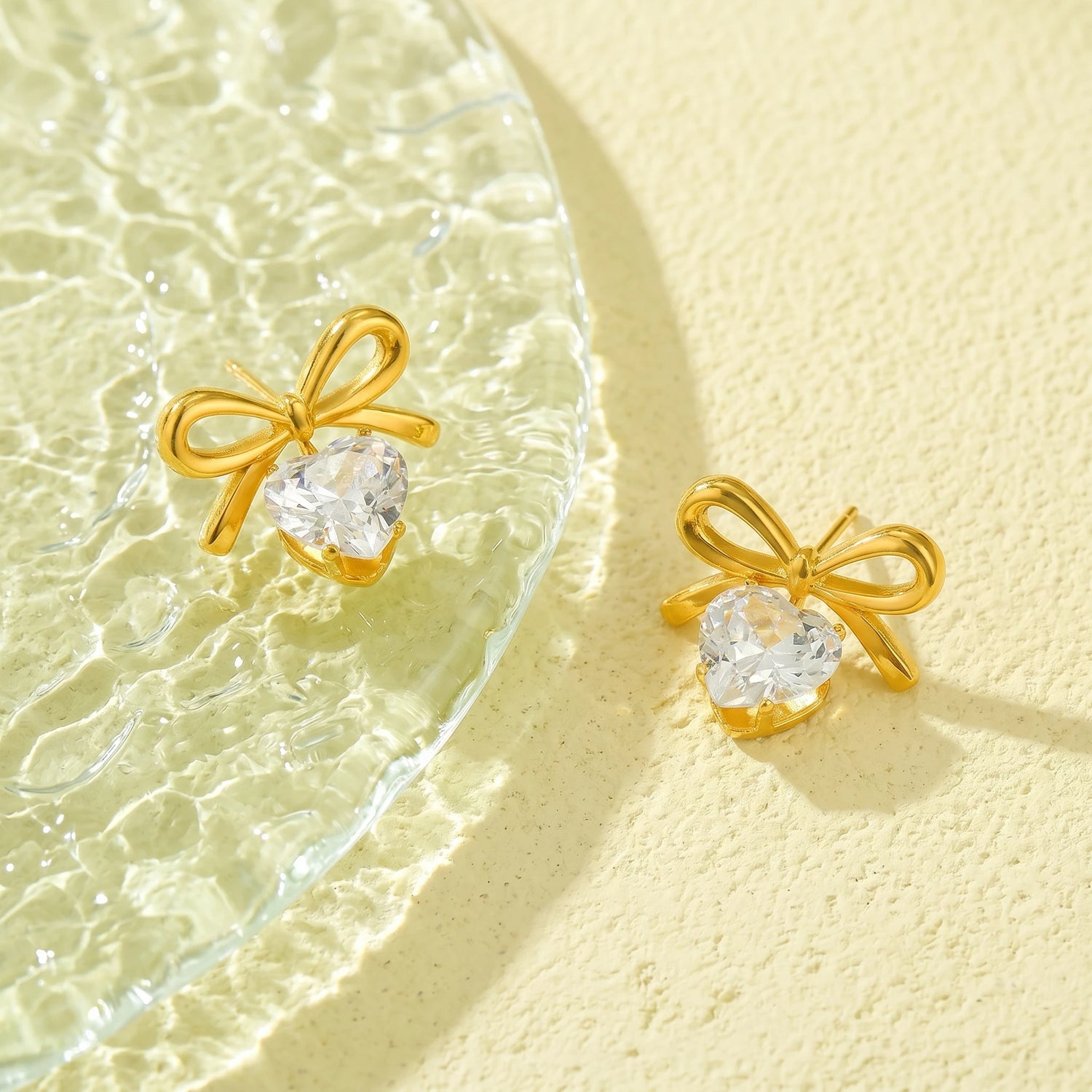Gold Bow Heart Crystal Stud Earrings – 18K PVD Gold Plated