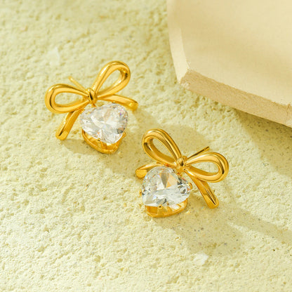 Gold Bow Heart Crystal Stud Earrings – 18K PVD Gold Plated