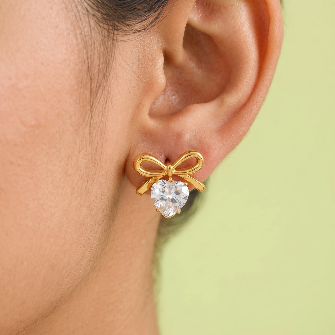 Gold Bow Heart Crystal Stud Earrings – 18K PVD Gold Plated