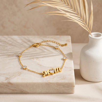 Gold MOM Heart Crystal Charm Bracelet – 18K PVD Gold Plated