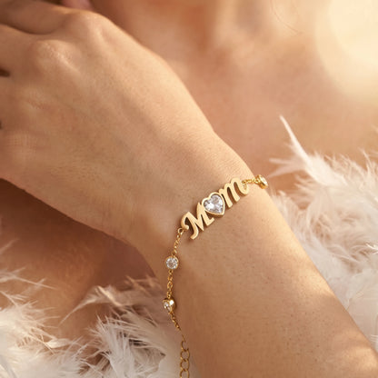 Gold MOM Heart Crystal Charm Bracelet – 18K PVD Gold Plated