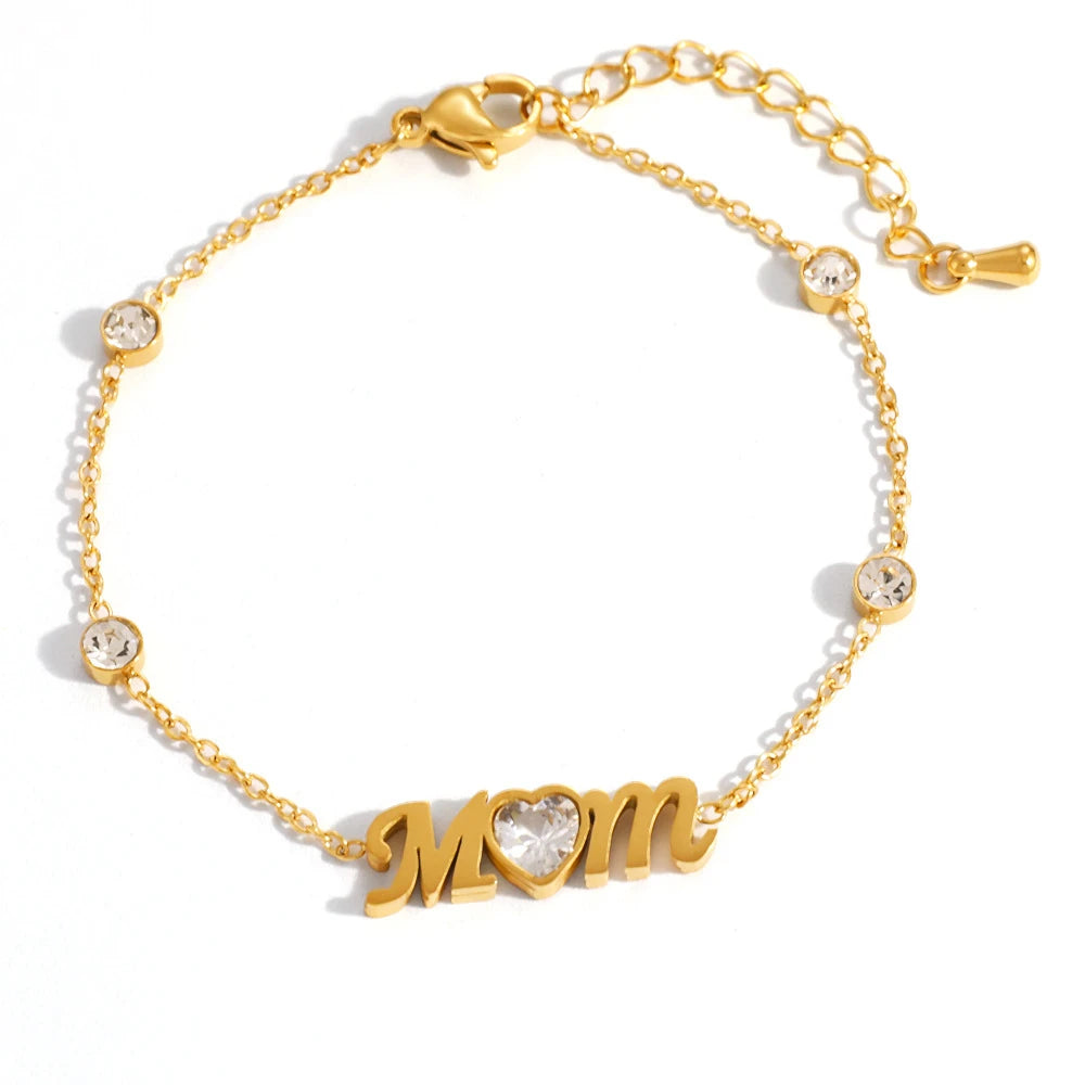 Gold MOM Heart Crystal Charm Bracelet – 18K PVD Gold Plated