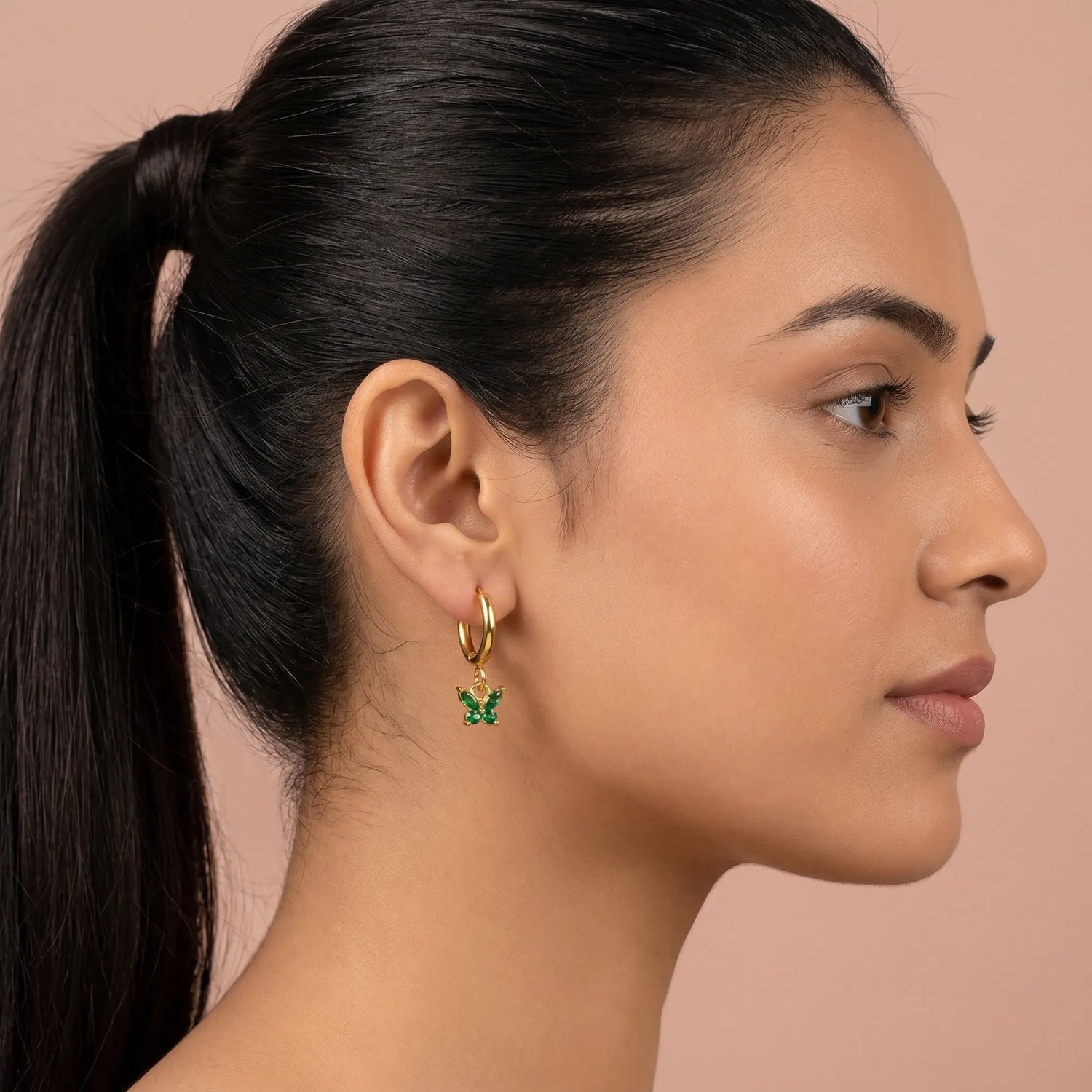 Green Butterfly Crystal Hoop Earrings – 18K PVD Gold Plated