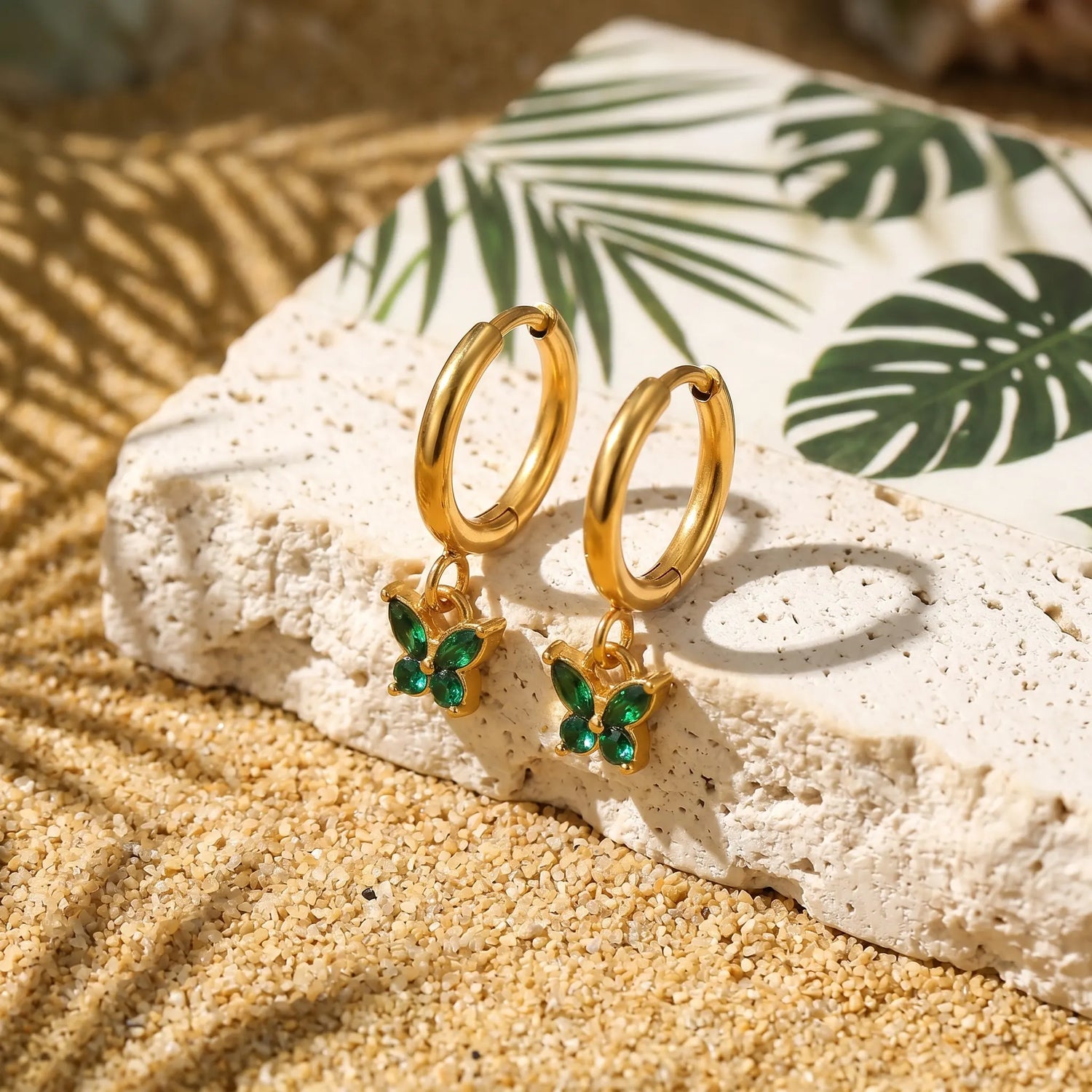 Green Butterfly Crystal Hoop Earrings – 18K PVD Gold Plated