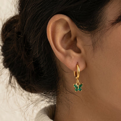 Green Butterfly Crystal Hoop Earrings – 18K PVD Gold Plated