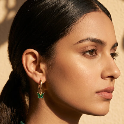 Green Butterfly Crystal Hoop Earrings – 18K PVD Gold Plated