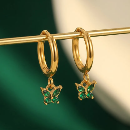 Green Butterfly Crystal Hoop Earrings – 18K PVD Gold Plated