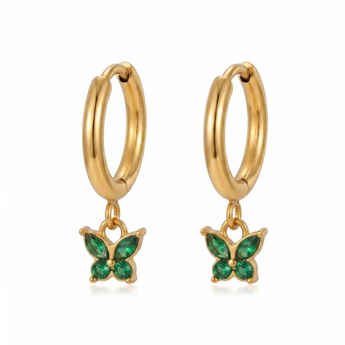 Green Butterfly Crystal Hoop Earrings – 18K PVD Gold Plated