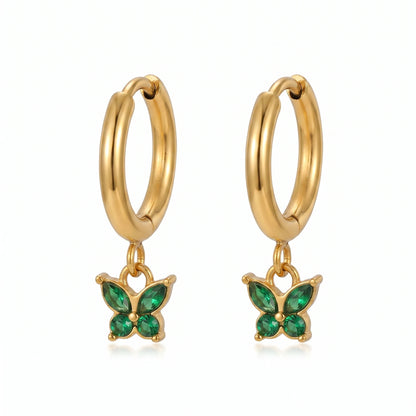 Green Butterfly Crystal Hoop Earrings – 18K PVD Gold Plated