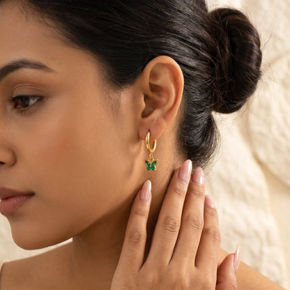 Green Butterfly Crystal Hoop Earrings – 18K PVD Gold Plated