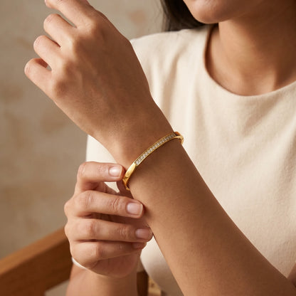 Half Pave Crystal Flat Bangle Bracelet – 18K PVD Gold Plated