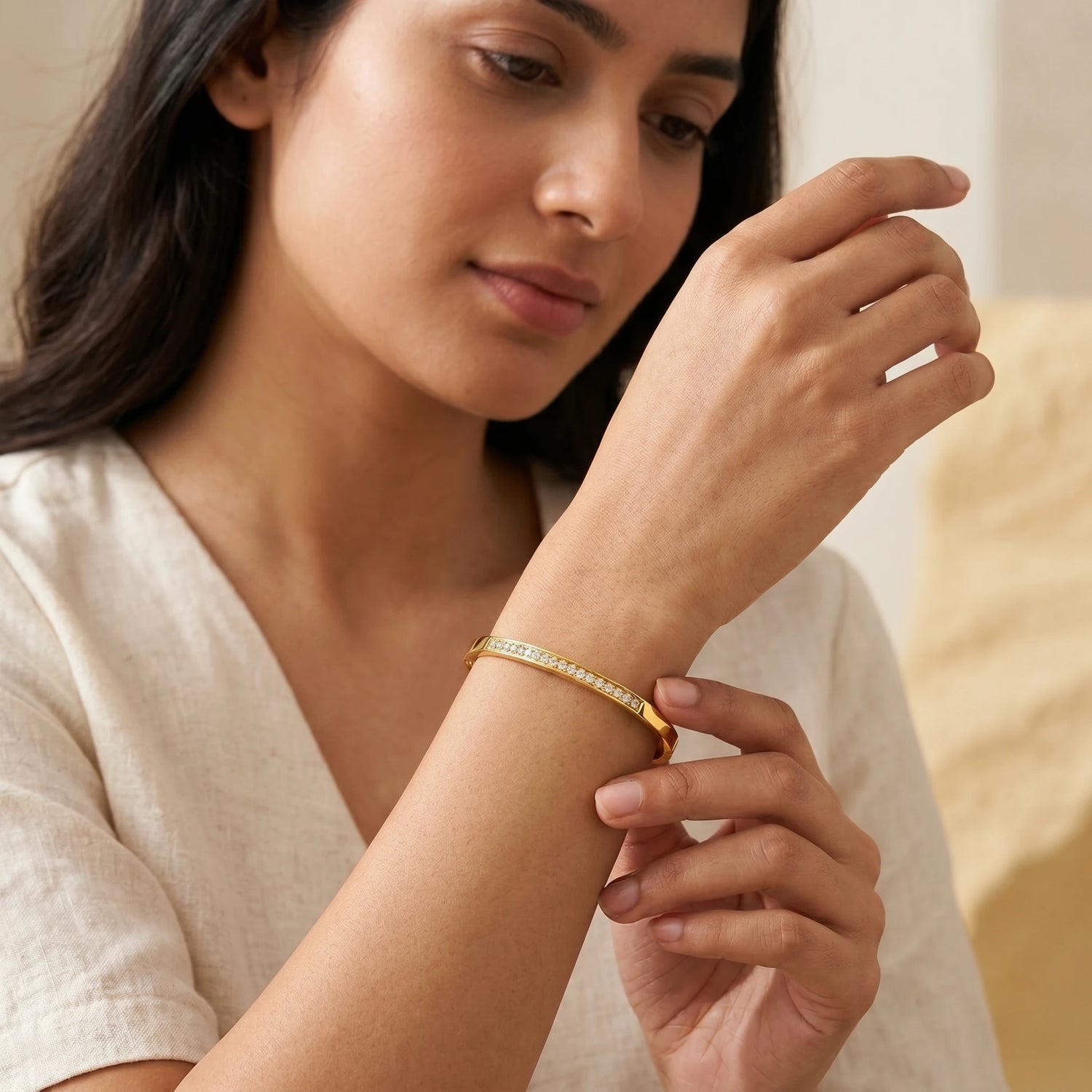 Half Pave Crystal Flat Bangle Bracelet – 18K PVD Gold Plated