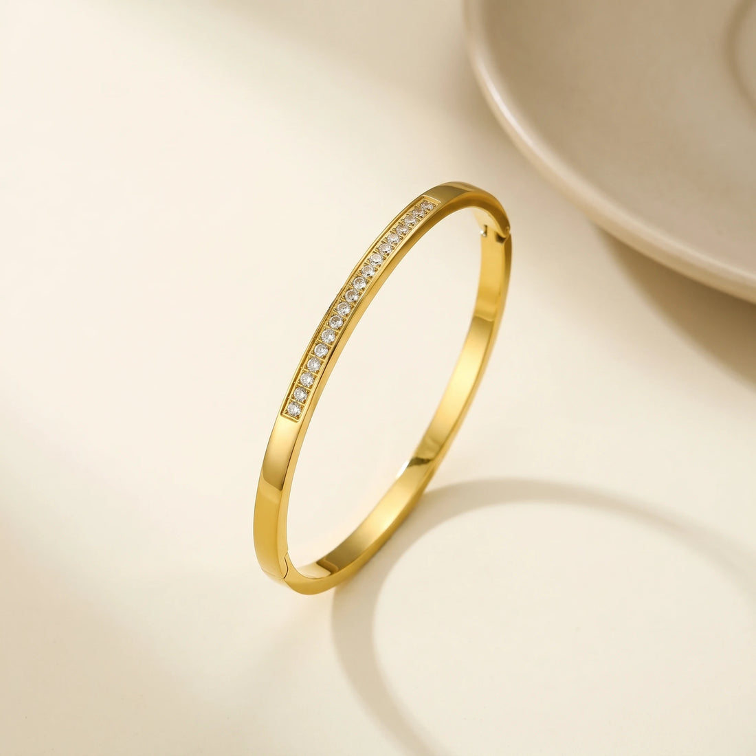 Half Pave Crystal Flat Bangle Bracelet – 18K PVD Gold Plated