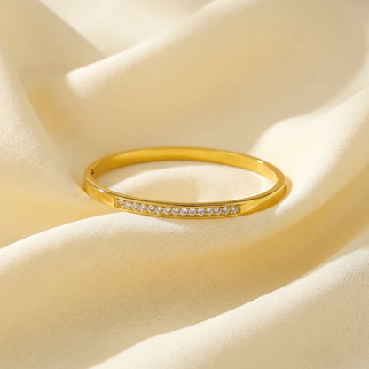 Half Pave Crystal Flat Bangle Bracelet – 18K PVD Gold Plated