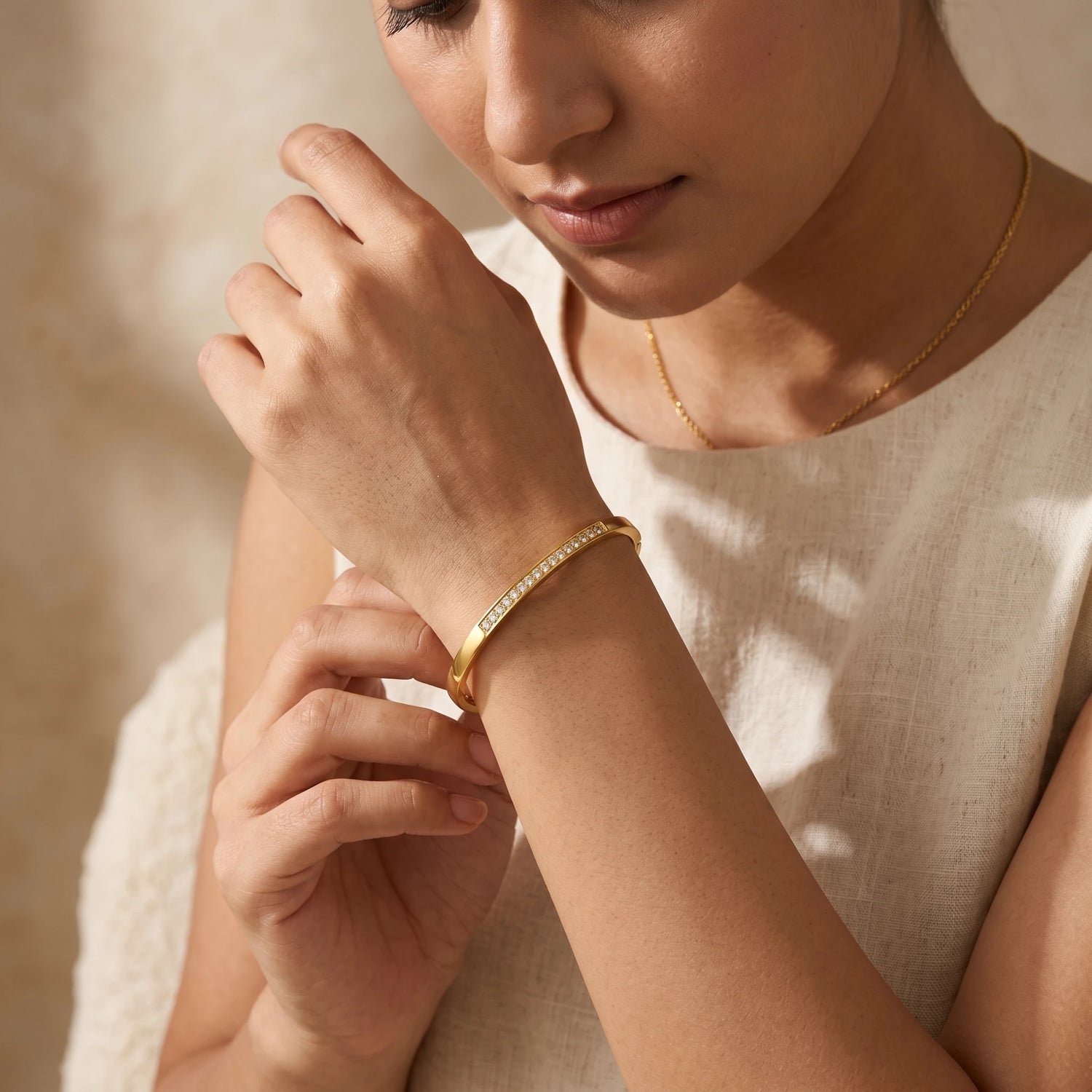 Half Pave Crystal Flat Bangle Bracelet – 18K PVD Gold Plated